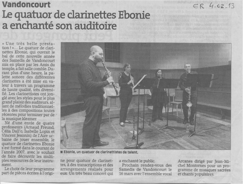 article Est Républicain quatuor clarinette Ebonie Vandoncourt Temple 4 février 2013